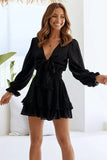 Black Womens Deep V Neck Lantern Sleeve Knotted Tiered Mini White Dress LC227391-2