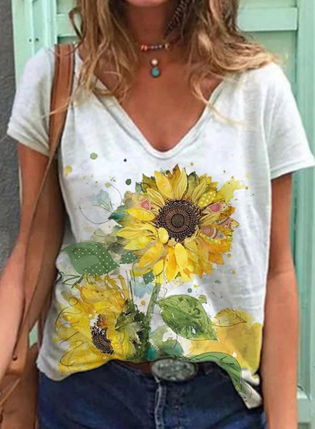 White Women's T-shirts Sunflower Print T-shirt LC2528318-1