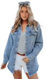 LC8511377-4-S, LC8511377-4-M, LC8511377-4-L, LC8511377-4-XL, LC8511377-4-2XL, Sky Blue Women’s Oversized Shacket Pocket Long Boyfriend Raw Hem Button Jacket