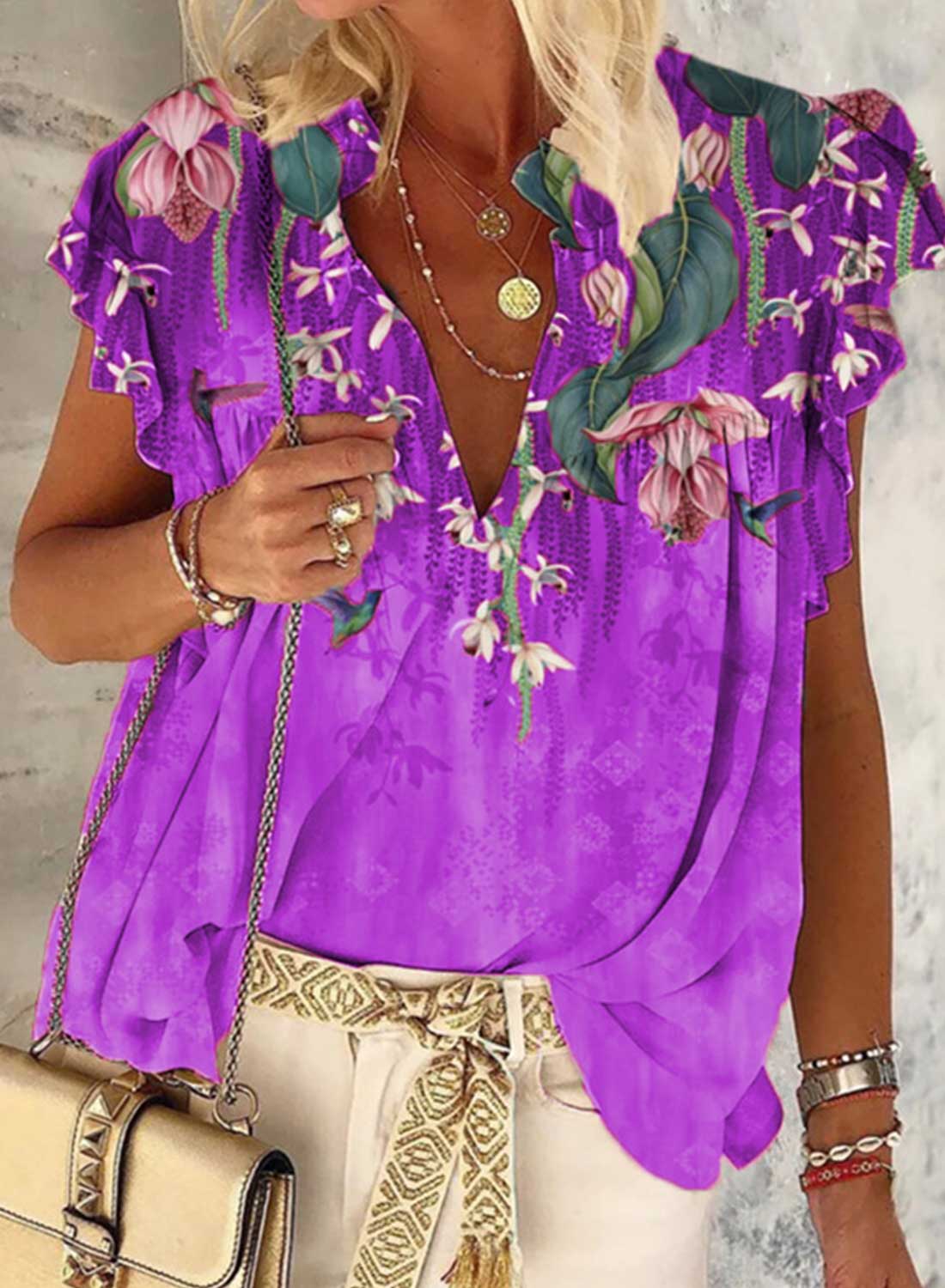 Purple Women's T-shirts Bird Plants Floral Ruffle T-shirt LC2518682-8
