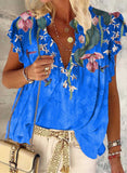 Blue Women's T-shirts Bird Plants Floral Ruffle T-shirt LC2518682-5