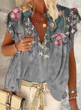 Gray Women's T-shirts Bird Plants Floral Ruffle T-shirt LC2518682-11