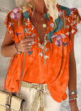 Orange Women's T-shirts Bird Plants Floral Ruffle T-shirt LC2518682-14