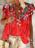 Red Women's T-shirts Bird Plants Floral Ruffle T-shirt LC2518682-3