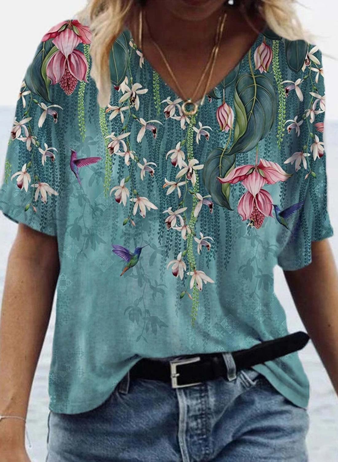 Blue Women's T-shirts Bird Sunflower Floral T-shirt LC2528814-5