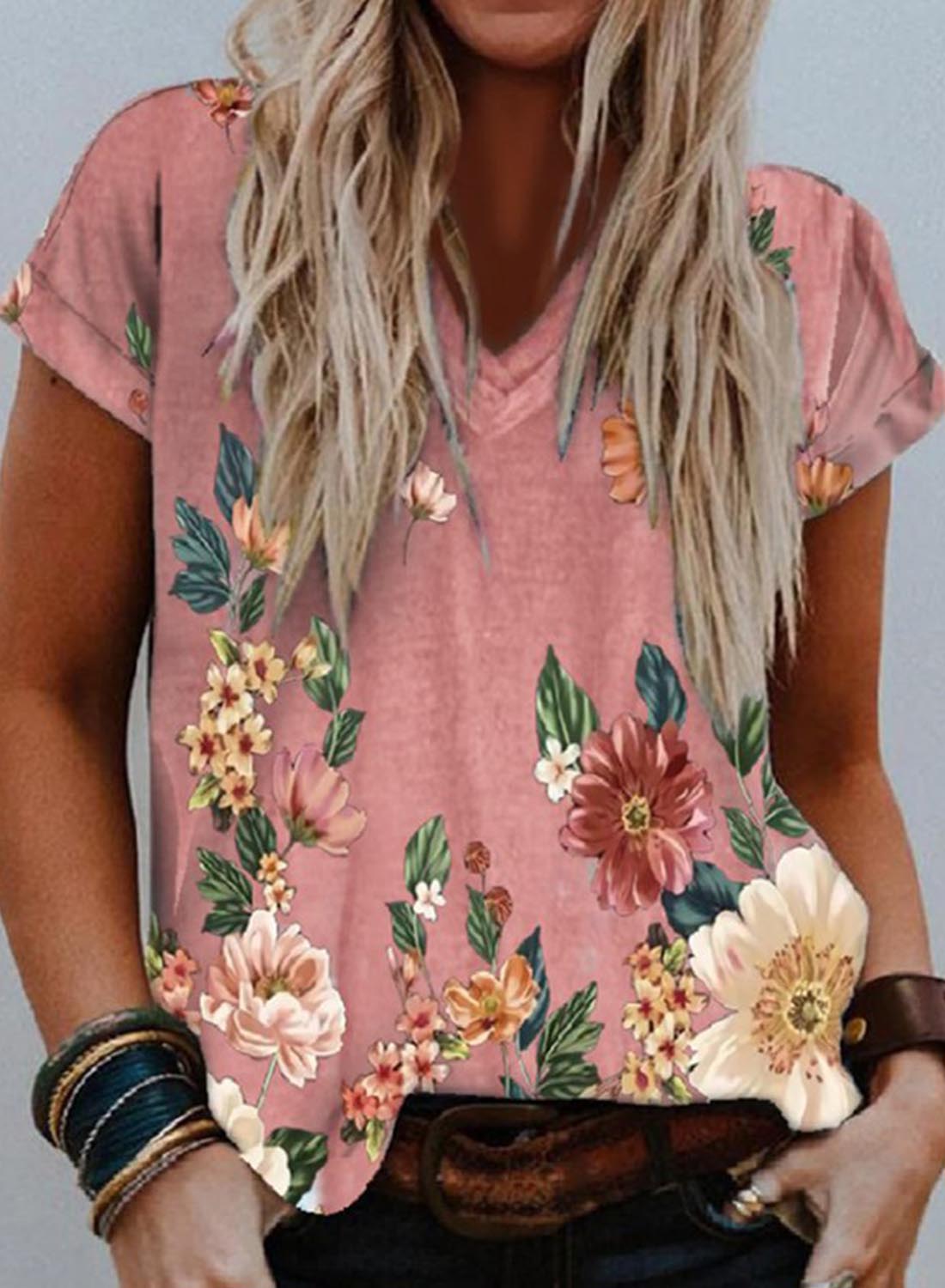 Pink Women's T-shirts Floral Print T-shirt LC2529078-10