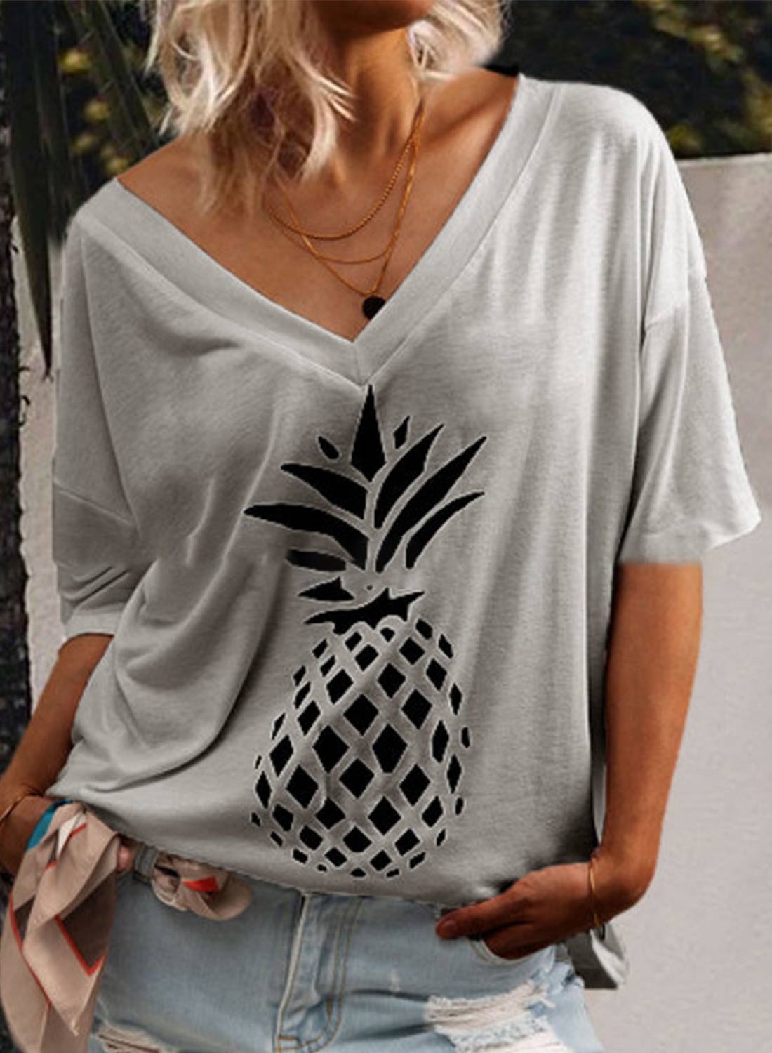 Gray Women's T-shirts Pineapple Print T-shirt LC2529106-11