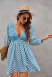 LC221873-4-S, LC221873-4-M, LC221873-4-L, LC221873-4-XL, Sky Blue Bohemian 3/4 Sleeve V Neck Vintage Mini Dress for Women