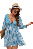 LC221873-4-S, LC221873-4-M, LC221873-4-L, LC221873-4-XL, Sky Blue Bohemian 3/4 Sleeve V Neck Vintage Mini Dress for Women