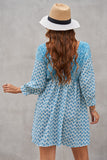 LC221873-4-S, LC221873-4-M, LC221873-4-L, LC221873-4-XL, Sky Blue Bohemian 3/4 Sleeve V Neck Vintage Mini Dress for Women