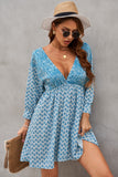 LC221873-4-S, LC221873-4-M, LC221873-4-L, LC221873-4-XL, Sky Blue Bohemian 3/4 Sleeve V Neck Vintage Mini Dress for Women