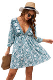 LC221873-9-S, LC221873-9-M, LC221873-9-L, LC221873-9-XL, Green Bohemian 3/4 Sleeve V Neck Vintage Mini Dress for Women