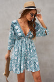 LC221873-9-S, LC221873-9-M, LC221873-9-L, LC221873-9-XL, Green Bohemian 3/4 Sleeve V Neck Vintage Mini Dress for Women