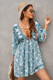 LC221873-9-S, LC221873-9-M, LC221873-9-L, LC221873-9-XL, Green Bohemian 3/4 Sleeve V Neck Vintage Mini Dress for Women