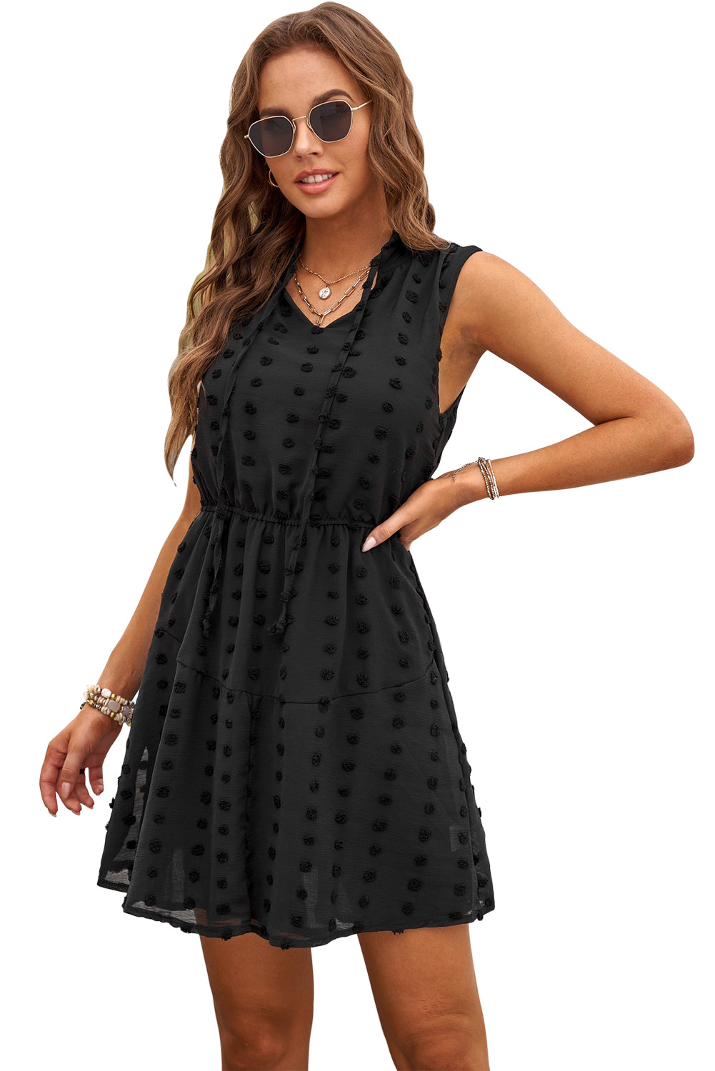 Black Womens Sleeveless Split Neck Pom Pom Flowy Mini Dress LC225086-2