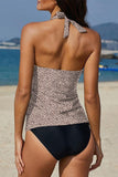 LC413090-22-S, LC413090-22-M, LC413090-22-L, LC413090-22-XL, LC413090-22-2XL, Multicolor Floral Leopard Halter Tankini Set Bathing Suit Swimwear