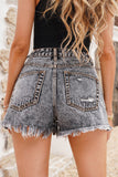 Black Womens Denim Shorts Washed Ripped Mid Waisted Shorts with Pockets LC781966-2
