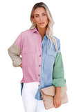LC2551387-22-S, LC2551387-22-M, LC2551387-22-L, LC2551387-22-XL, LC2551387-22-2XL, LC2551387-22-3XL, Multicolor Women Oversized Shirts Color Block Button Shacket Jacket