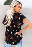Black V Neck Short Sleeve Print Floral Blouses Shirts LC2514201-102
