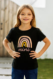 TZ25186-2-S, TZ25186-2-M, TZ25186-2-L, TZ25186-2-XL, TZ25186-2-XXL, Black Kids Mini Rainbow Print Crew Neck T Shirt Matching Outfit