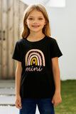 TZ25186-2-S, TZ25186-2-M, TZ25186-2-L, TZ25186-2-XL, TZ25186-2-XXL, Black Kids Mini Rainbow Print Crew Neck T Shirt Matching Outfit