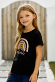 TZ25186-2-S, TZ25186-2-M, TZ25186-2-L, TZ25186-2-XL, TZ25186-2-XXL, Black Kids Mini Rainbow Print Crew Neck T Shirt Matching Outfit