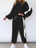 LC622153-2-S, LC622153-2-M, LC622153-2-L, LC622153-2-XL, Black Women's Two Piece Outfits Striped Sweatshirt Jogger Pants Tracksuit