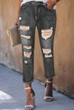 Black Women's Ripped Boyfriend Jeans Distressed Holes Crop Denim Pants LC78064-2