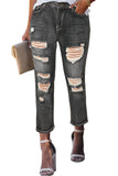 Black Women's Ripped Boyfriend Jeans Distressed Holes Crop Denim Pants LC78064-2