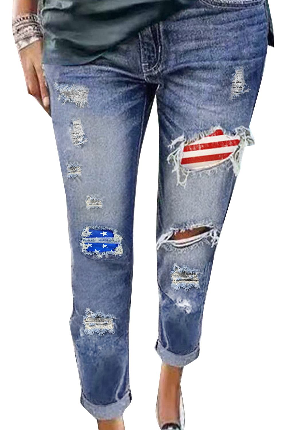 Blue Stripes and Stars Patches Ripped Jeans Boyfriend Denim Pants LC781717-5