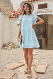 Sky Blue White Dress With Sleeves Frilled Neck Ruffle Swing Mini Dress LC225229-4