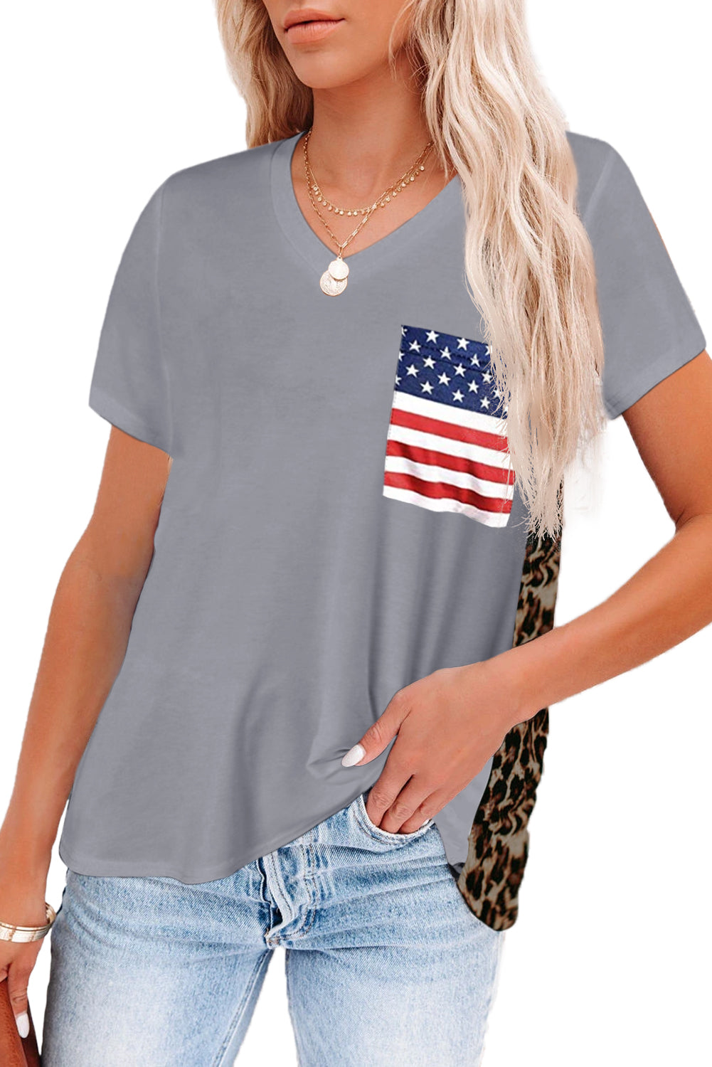 Gray Women's Leopard Printed Short Sleeve T-Shirt Blouse LC253578-1011