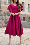 Red V Neck Ruffled Sleeve Empire Waist Flare Long Dress LC617472-103