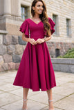 Red V Neck Ruffled Sleeve Empire Waist Flare Long Dress LC617472-103