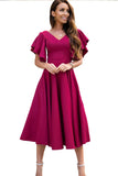 Red V Neck Ruffled Sleeve Empire Waist Flare Long Dress LC617472-103