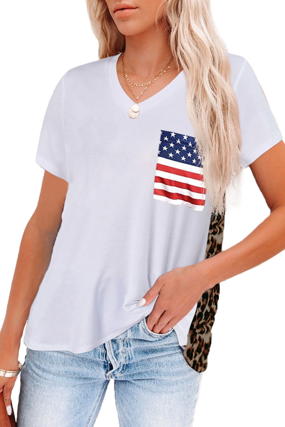 White Women's Leopard Printed Short Sleeve T-Shirt Blouse LC253578-101