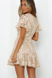 Apricot White Mini Dress Wrap V Neck Floral Lace Short Dress LC224799-18