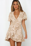 Apricot White Mini Dress Wrap V Neck Floral Lace Short Dress LC224799-18