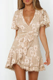 Apricot White Mini Dress Wrap V Neck Floral Lace Short Dress LC224799-18