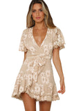 Apricot White Mini Dress Wrap V Neck Floral Lace Short Dress LC224799-18