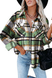 LC255462-9-S, LC255462-9-M, LC255462-9-L, LC255462-9-XL, LC255462-9-2XL, Green Geometric Plaid Print Pocketed Shirt