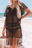 Black Women's Dresses Tassels Hollowed Beach Cover-up Mini Dress LC421310-2