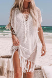 Women's Beach Sheer Crochet Dresses Cut Out Beach Cover Up Dresses with Tassels