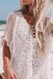 White Women's Dresses Tassels Hollowed Beach Cover-up Mini Dress LC421310-1