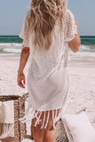 White Women's Dresses Tassels Hollowed Beach Cover-up Mini Dress LC421310-1