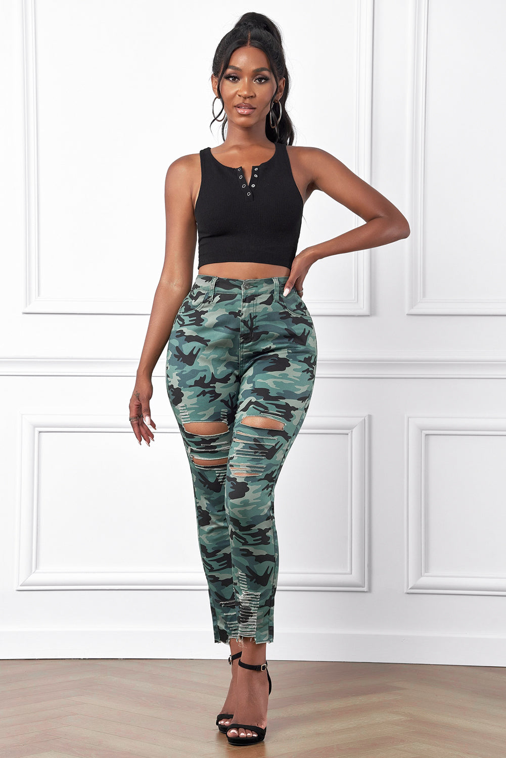 Green Camouflage Hollow out Ripped Skinny Jeans with Pockets for Women LC78149-9