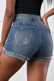 Blue Distressed Denim Short for Women Ripped Rolled Hem Blue Denim Jean Shorts LC77173-5