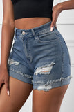 Blue Distressed Denim Short for Women Ripped Rolled Hem Blue Denim Jean Shorts LC77173-5