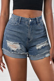 Blue Distressed Denim Short for Women Ripped Rolled Hem Blue Denim Jean Shorts LC77173-5