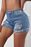 Sky Blue Distressed Denim Short for Women Ripped Rolled Hem Blue Denim Jean Shorts LC77173-4